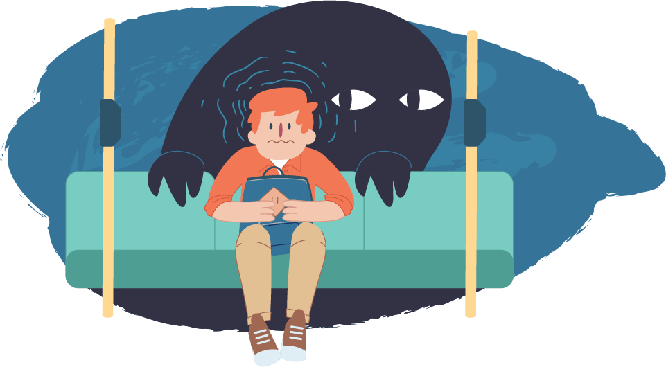 Boy sitting on bus seat with shadow of a big scary monster behind Boy sitting on bus seat with shadow of a big scary monster behind