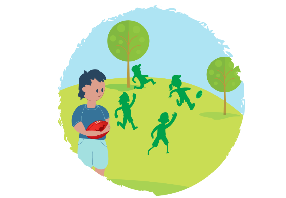 Boy with an AFL ball looking at other kids playing Boy with an AFL ball looking at other kids playing