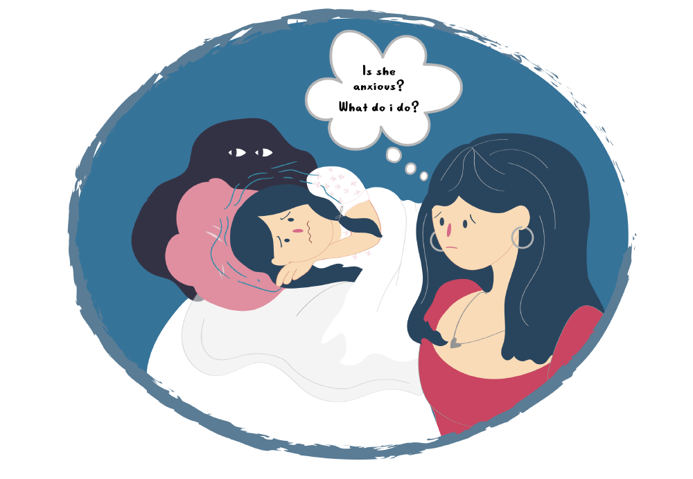 Girl lying down with shadow of anxiety behind her and mum looking worried Girl lying down with shadow of anxiety behind her and mum looking worried