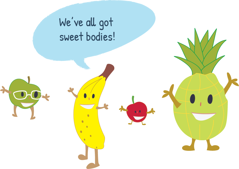 Green apple, banana, red apple, pineapple all happy and celebrating their "sweet" bodies Green apple, banana, red apple, pineapple all happy and celebrating their "sweet" bodies