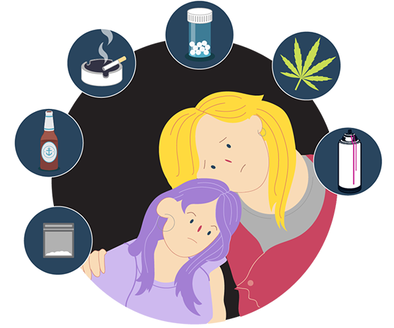 Mum with teen girl surrounded by thoughts of different substances Mum with teen girl surrounded by thoughts of different substances