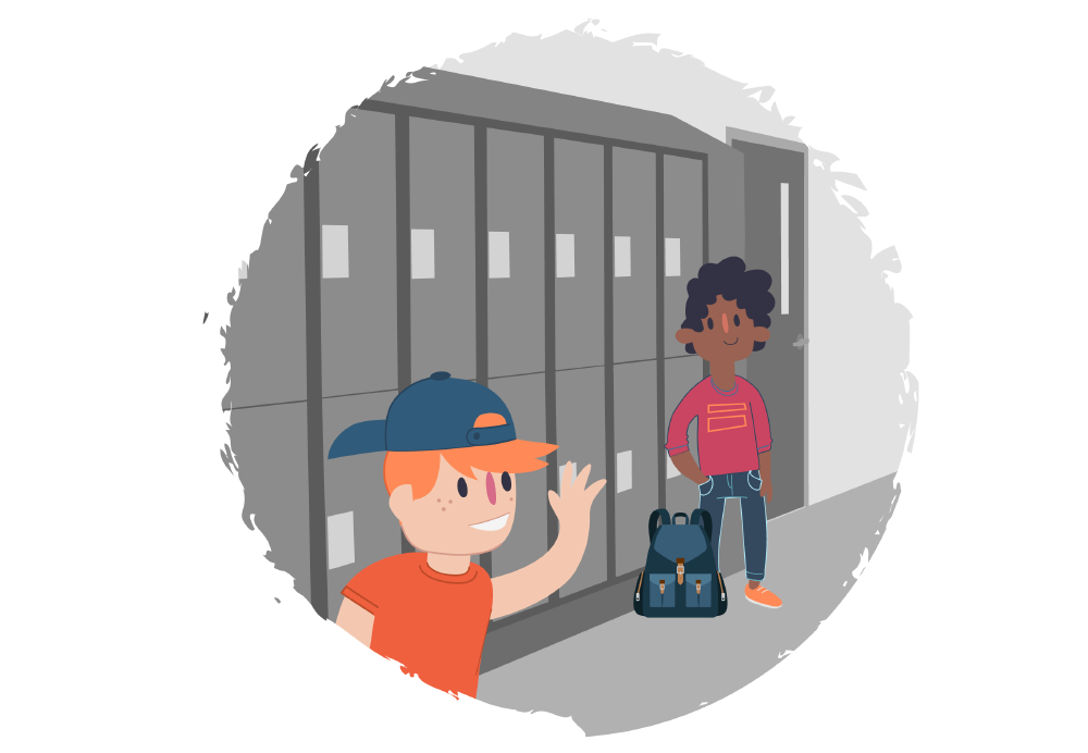 Boy waving to another boy near their school lockers Boy waving to another boy near their school lockers