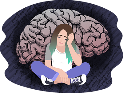 Teen sitting crossed legged looking sad in front of a giant brain Teen sitting crossed legged looking sad in front of a giant brain