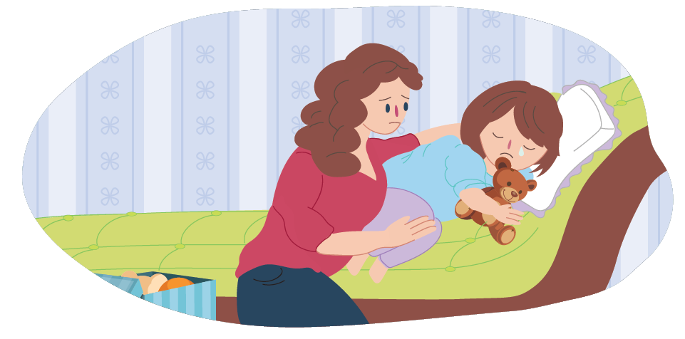Mother comforting sad child in bed Mother comforting sad child in bed