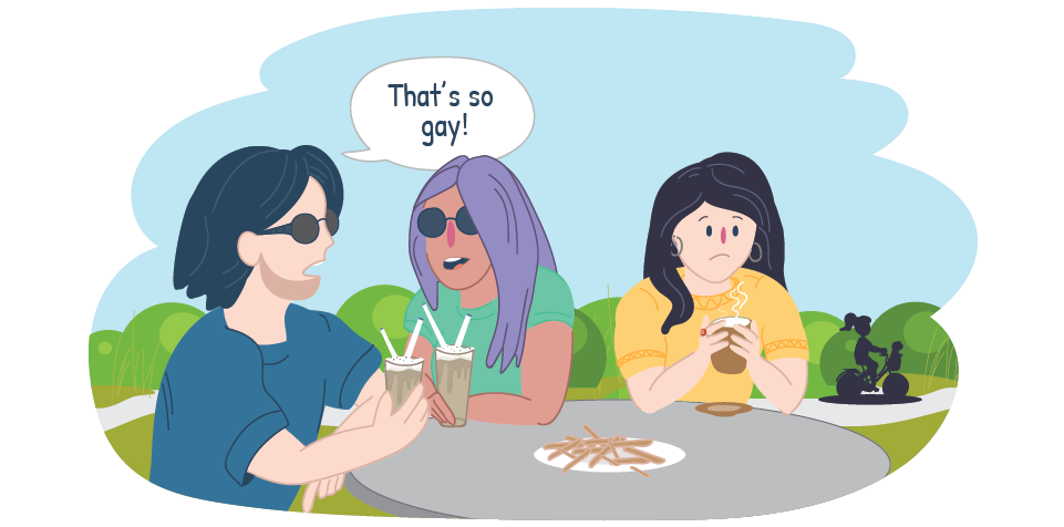 Upset person sits alone while two other people are talking, one says "that's so gay" Upset person sits alone while two other people are talking, one says "that's so gay"