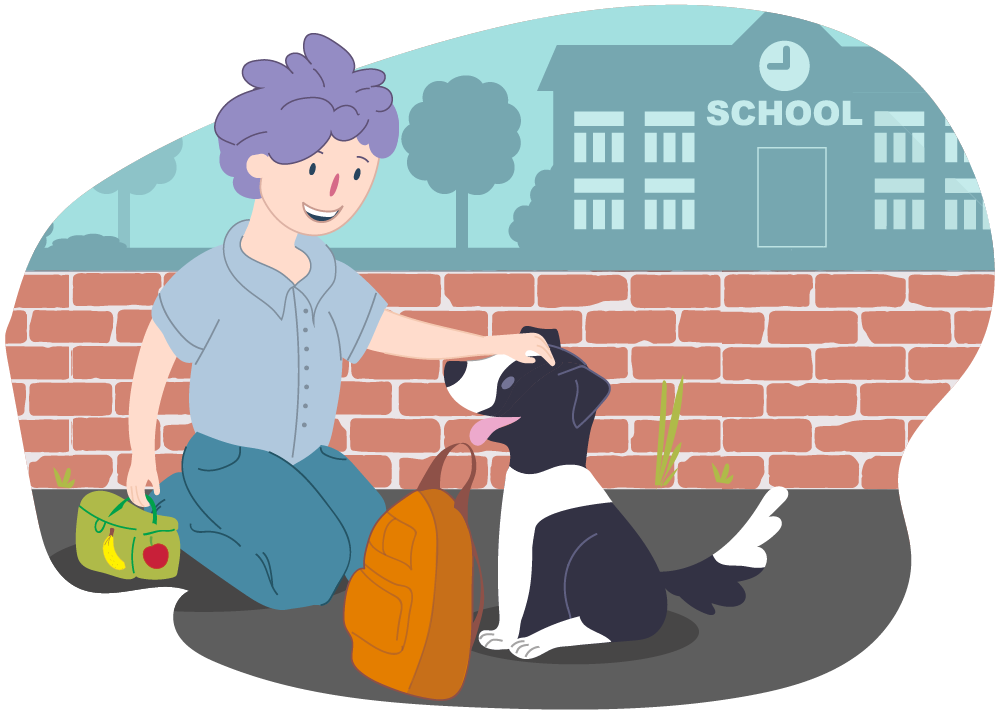 Boy getting ready for school and dog brings his backpack Boy getting ready for school and dog brings his backpack