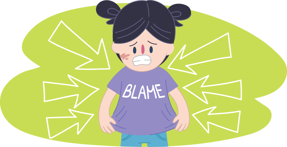 Child with shirt that says "BLAME" and arrows pointing towards her Child with shirt that says "BLAME" and arrows pointing towards her
