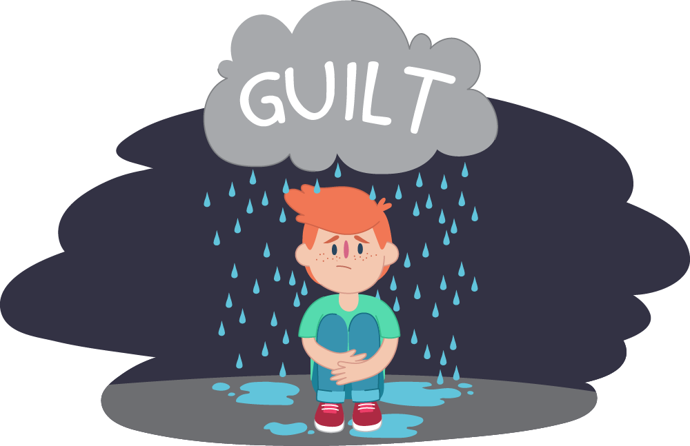 Little boy sitting under "guilt" rain cloud Little boy sitting under "guilt" rain cloud