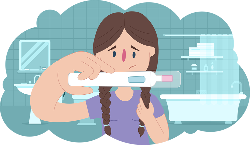 Worried young girl holding up pregnancy test in bathroom Worried young girl holding up pregnancy test in bathroom