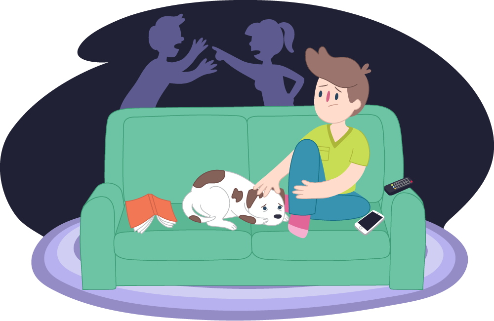 Sad boy and his dog on couch, parents fighting in background Sad boy and his dog on couch, parents fighting in background