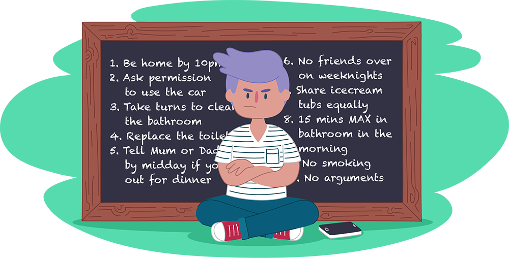 Teen with crossed arms sitting in front of blackboard of rules Teen with crossed arms sitting in front of blackboard of rules
