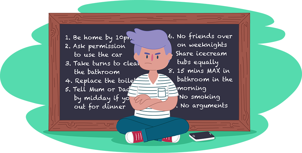 Teen with crossed arms in front of blackboard with rules Teen with crossed arms in front of blackboard with rules
