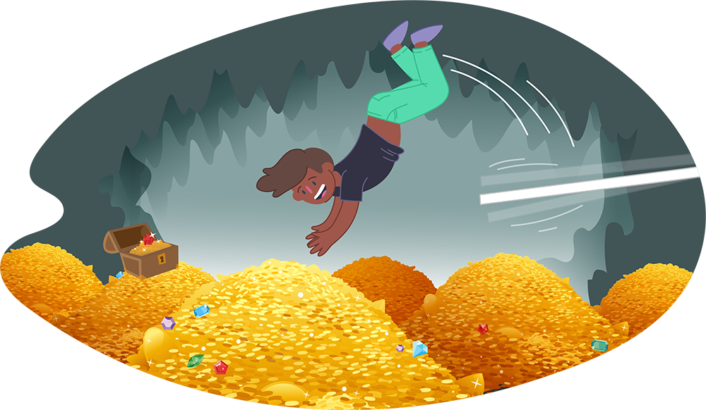 Teen jumping into mounds of gold coins Teen jumping into mounds of gold coins
