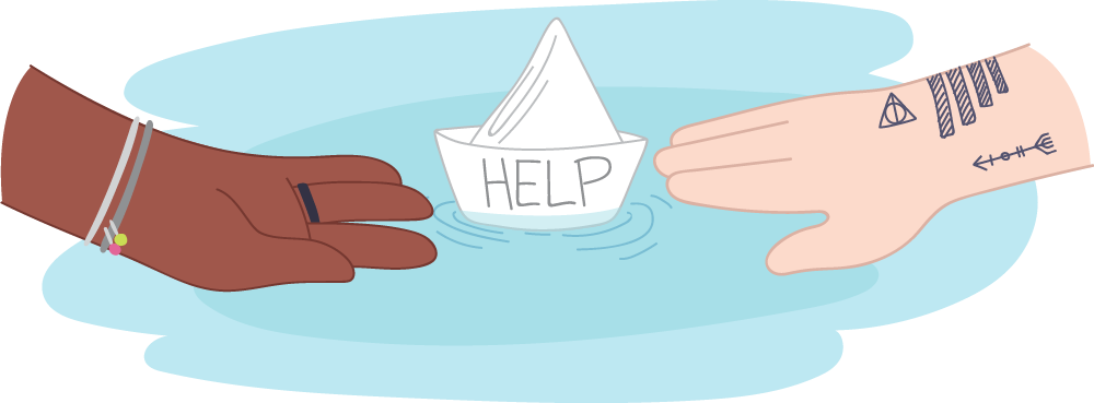 Two hands reaching out to a paper boat with the message 'help' on it Two hands reaching out to a paper boat with the message 'help' on it