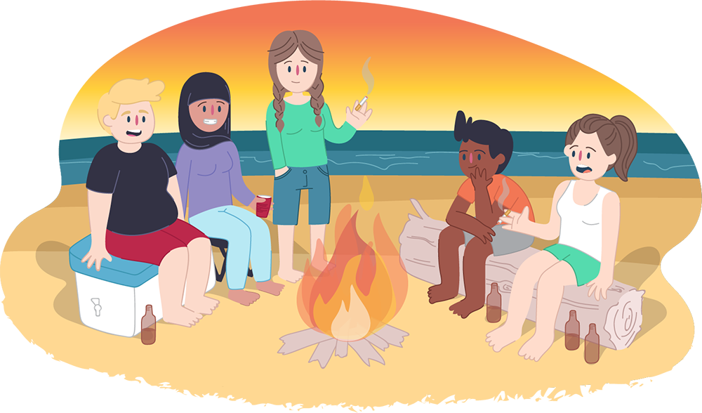 Young people around a beach bonfire with drinks and cigarettes Young people around a beach bonfire with drinks and cigarettes