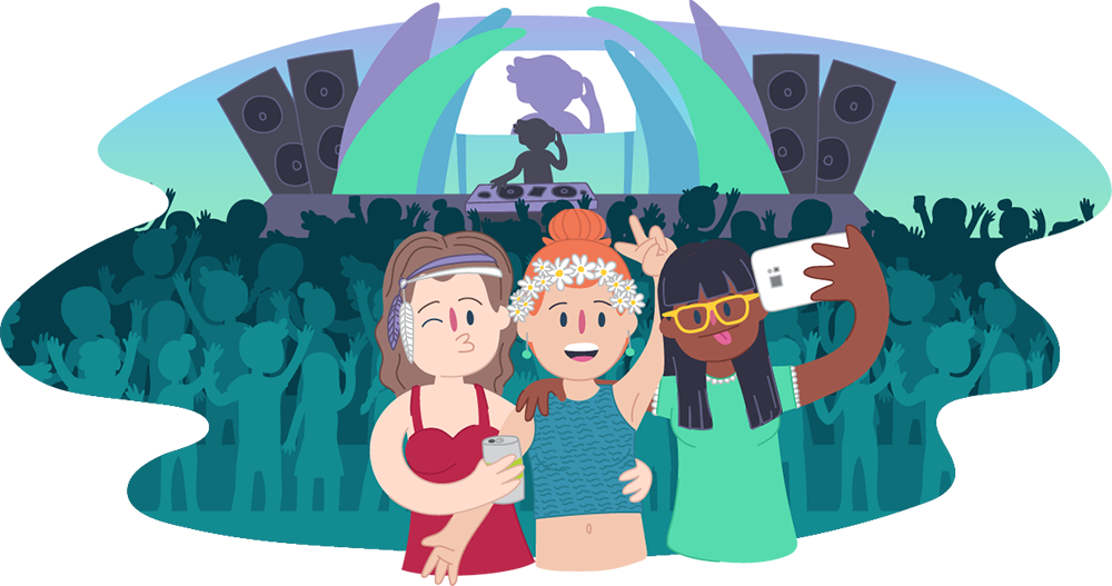 Young adults with drinks taking a selfie at a concert Young adults with drinks taking a selfie at a concert