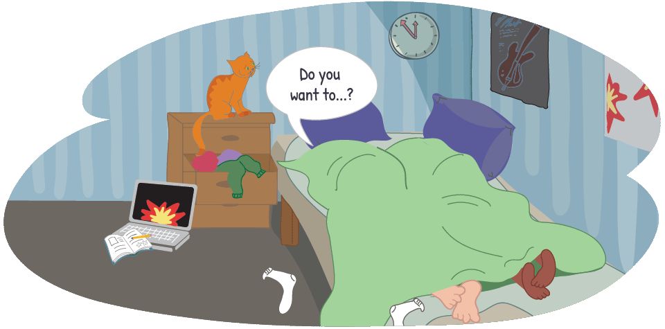 Two people in a bed having a conversation about consent Two people in a bed having a conversation about consent