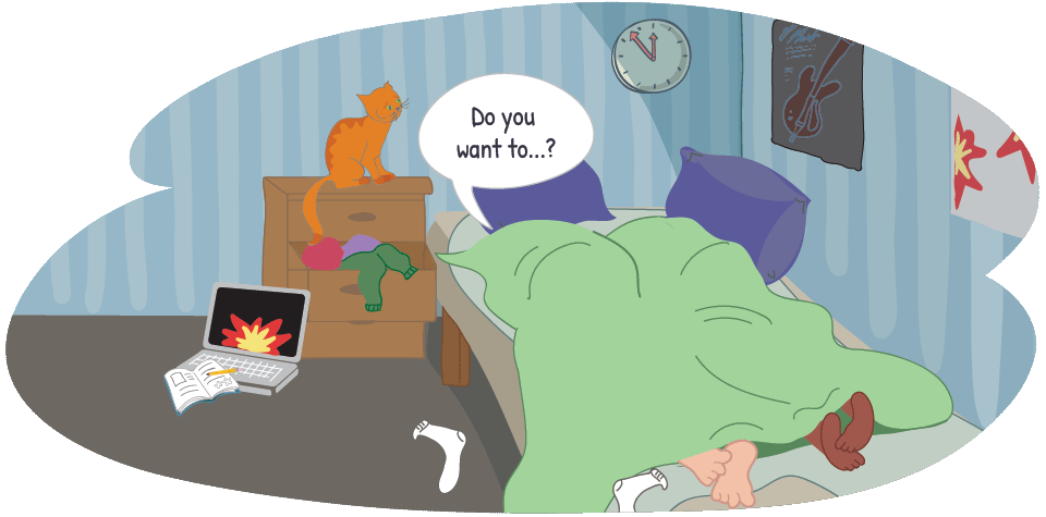 Two people in a bed having a conversation about consent Two people in a bed having a conversation about consent
