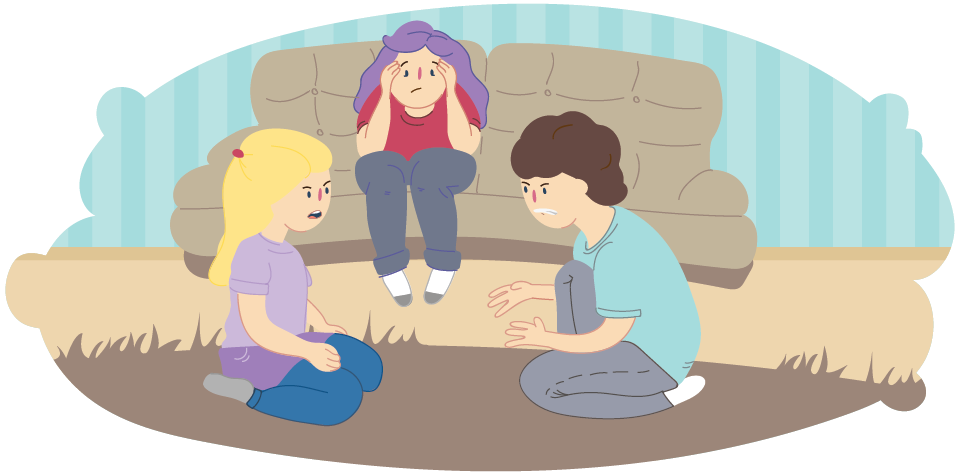 Girl and boy arguing on carpet while overwhelmed mother sits in between on couch Girl and boy arguing on carpet while overwhelmed mother sits in between on couch