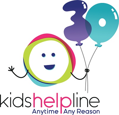 Kids Helpline's logo holding two balloons that say 30 Kids Helpline's logo holding two balloons that say 30