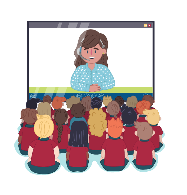 Classroom of children watching Kids Helpline counsellor on the screen Classroom of children watching Kids Helpline counsellor on the screen