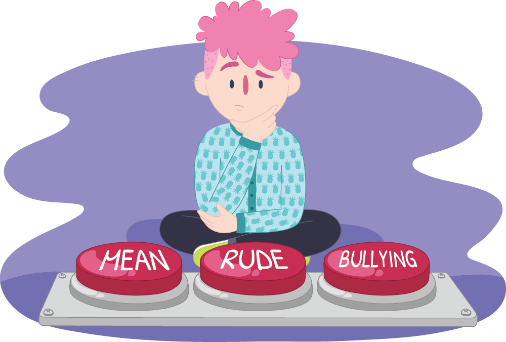 Confused teen sitting in front of three buttons saying mean rude bullying Confused teen sitting in front of three buttons saying mean rude bullying