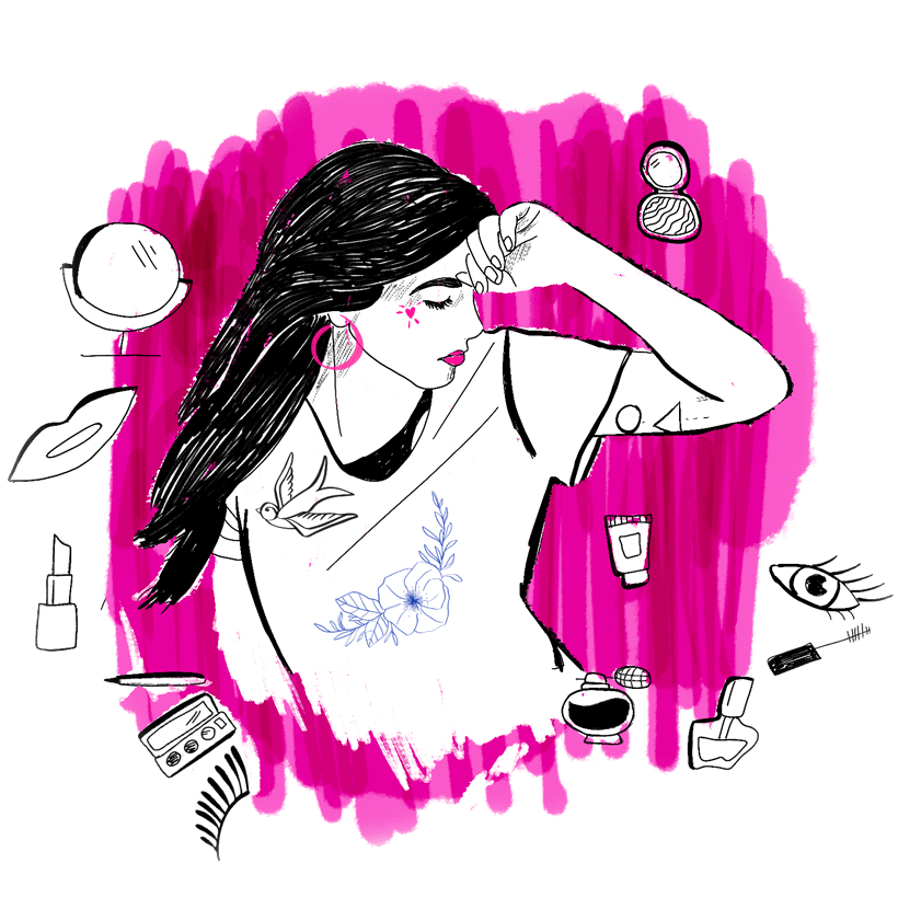 Caitlyn's Story about body image | Girl surrounded by beauty products on a pink scribbled background