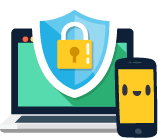 Illustration of a laptop and phone with a security badge Illustration of a laptop and phone with a security badge
