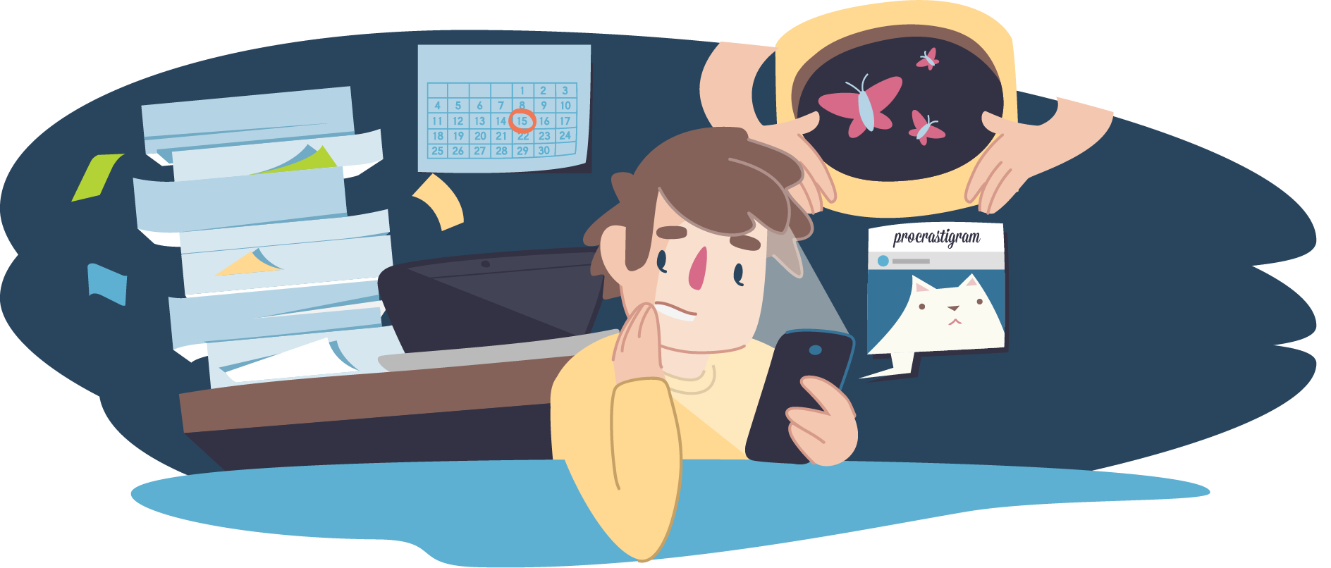 Cartoon boy procrastinating at work Cartoon boy procrastinating at work