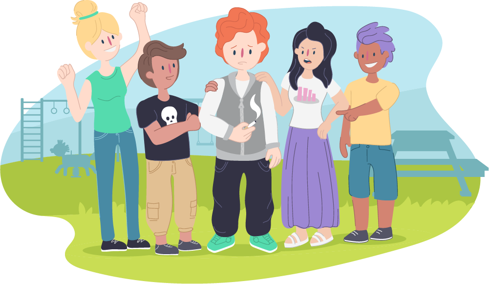 Teen holding cigarette surrounded by other teens encouraging Teen holding cigarette surrounded by other teens encouraging