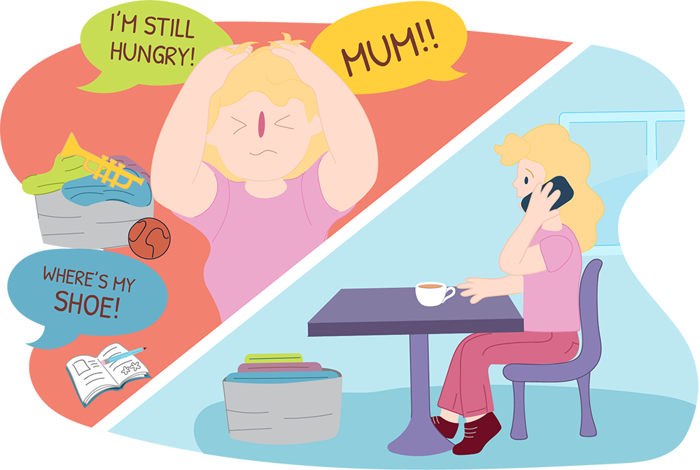 Split picture - Mum looking overwhelmed by parenting and then calmly talking on the phone to a counsellor Split picture - Mum looking overwhelmed by parenting and then calmly talking on the phone to a counsellor