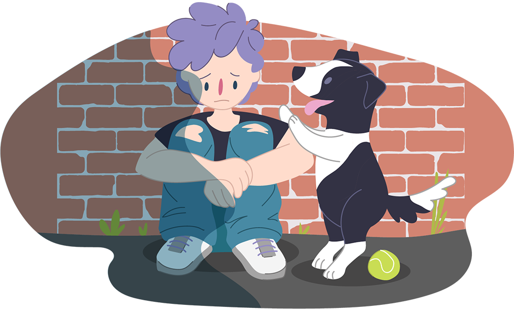 Sad boy sitting with a happy dog Sad boy sitting with a happy dog