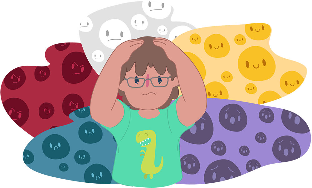 Boy with hands on his head, surrounded by different emotions Boy with hands on his head, surrounded by different emotions