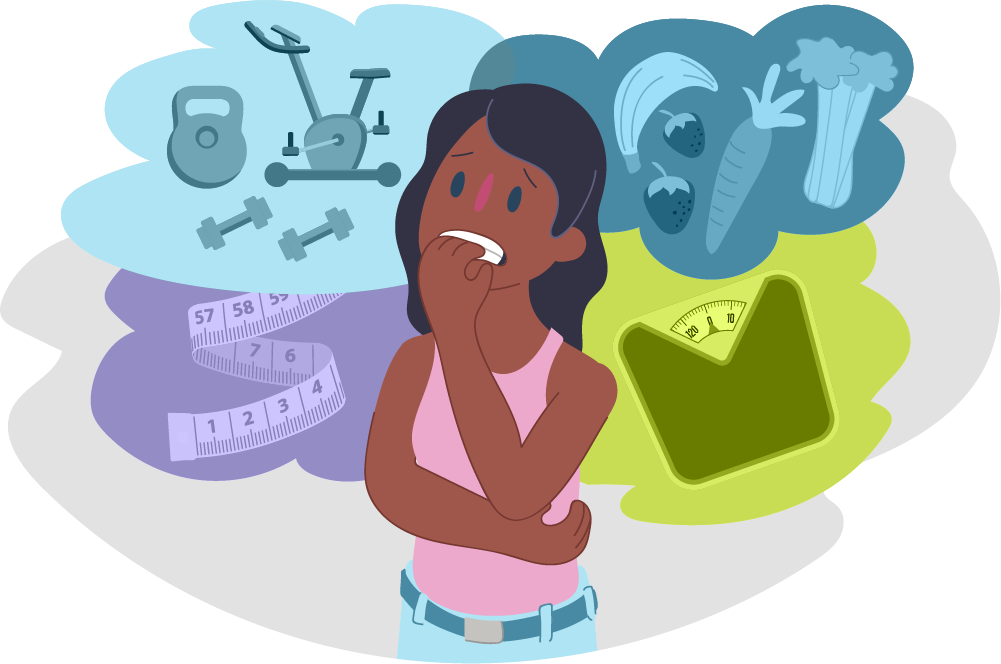 Girl looking anxious with thought bubbles about food, gym equipment, scales Girl looking anxious with thought bubbles about food, gym equipment, scales