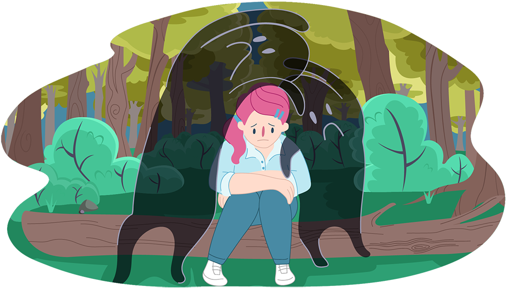Sad girl sitting on a log as two shadowy characters lean over her Sad girl sitting on a log as two shadowy characters lean over her