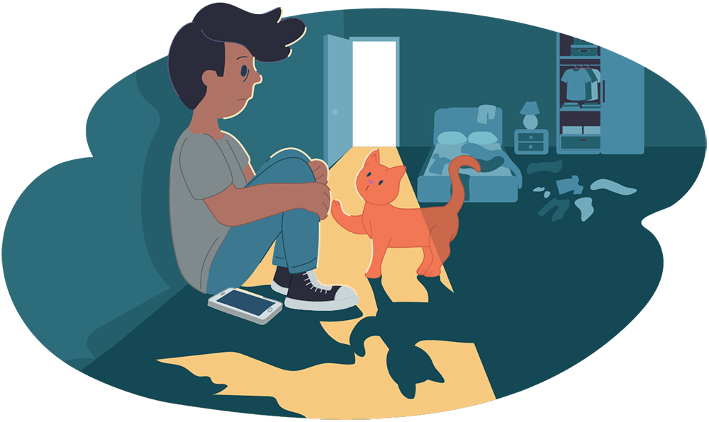 Sad boy sitting with orange cat Sad boy sitting with orange cat