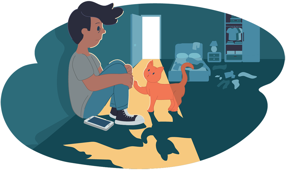 Sad boy sitting with orange cat Sad boy sitting with orange cat