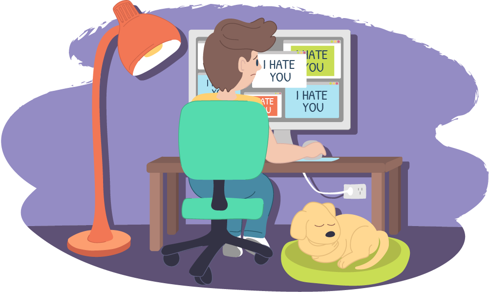 Boy looking at a computer screen with 'I hate you' messages on it Boy looking at a computer screen with 'I hate you' messages on it