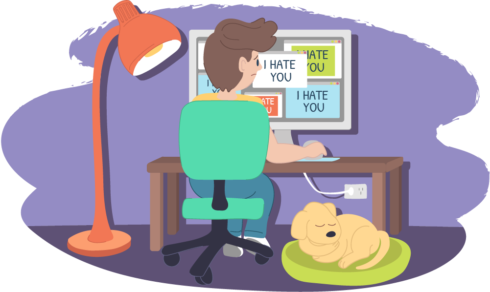 Boy looking at a computer screen with 'I hate you' messages on it Boy looking at a computer screen with 'I hate you' messages on it
