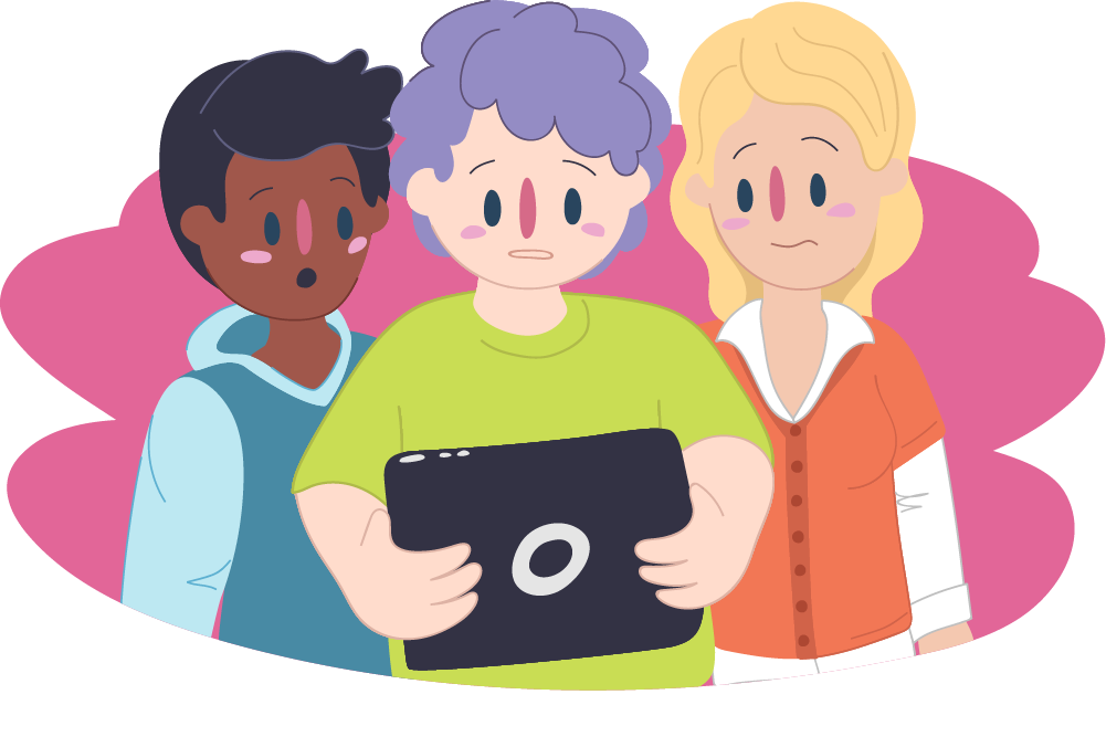 Group of 3 young people looking at an iPad with concerned looks on their faces Group of 3 young people looking at an iPad with concerned looks on their faces