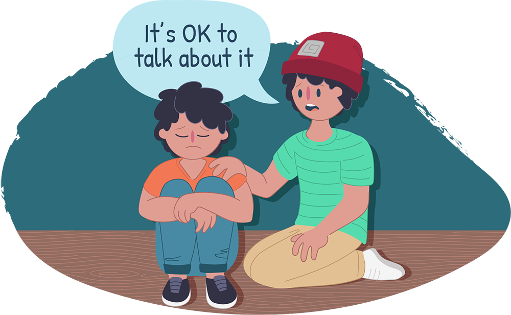Two boys sitting down together, one looks sad, the other is saying it's ok to talk Two boys sitting down together, one looks sad, the other is saying it's ok to talk
