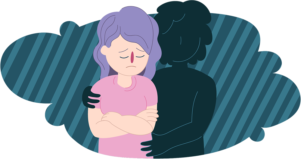 Sad woman in dark cloud being comforted by invisible person Sad woman in dark cloud being comforted by invisible person
