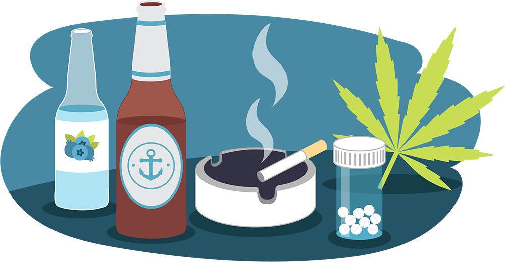 Illustration of beer bottle, RTD, smoking cigarette, cannabis leaf, pills Illustration of beer bottle, RTD, smoking cigarette, cannabis leaf, pills