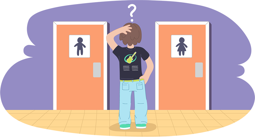 Person standing in front of mens and ladies toilet doors confused about which one to go through Person standing in front of mens and ladies toilet doors confused about which one to go through
