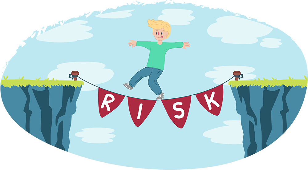 Guy walking across tightrope which spells the word 'risk' Guy walking across tightrope which spells the word 'risk'