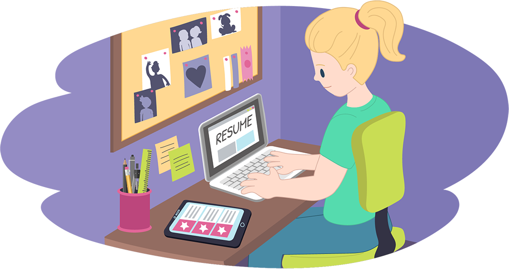 Girl working on resume on laptop Girl working on resume on laptop