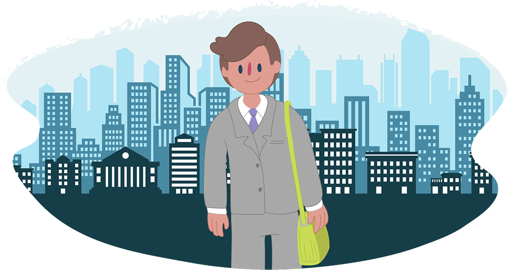 Smiling man ready to start work with a city skyline behind him Smiling man ready to start work with a city skyline behind him