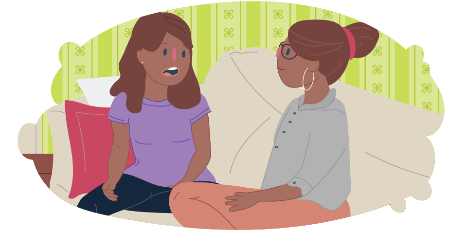 Teen girl talking to parent on couch Teen girl talking to parent on couch