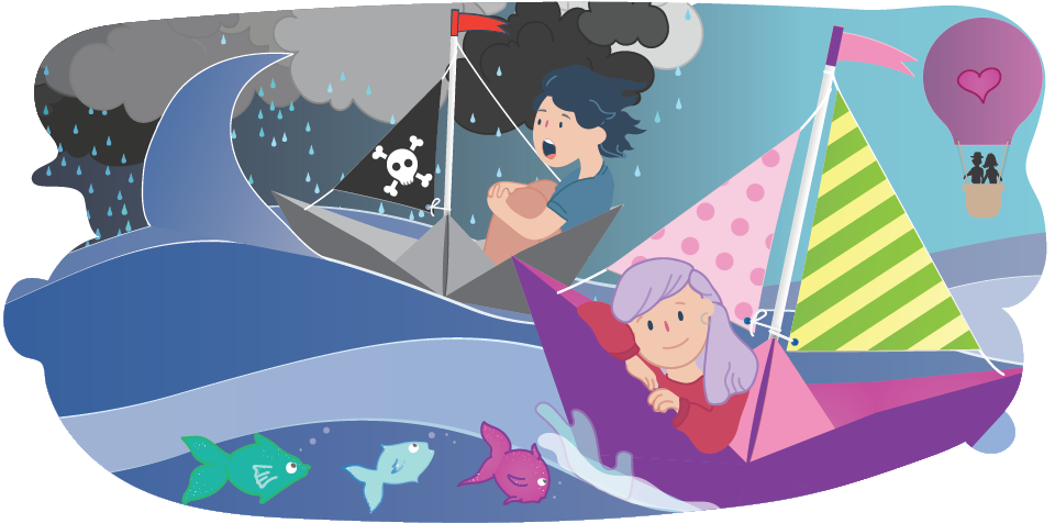 Boy in boat on stormy seas and girl in boat on calm seas Boy in boat on stormy seas and girl in boat on calm seas