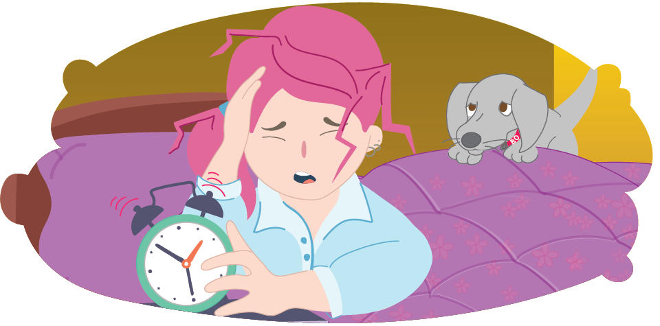 Teen girl in bed, rubbing head while holding her alarm clock Teen girl in bed, rubbing head while holding her alarm clock